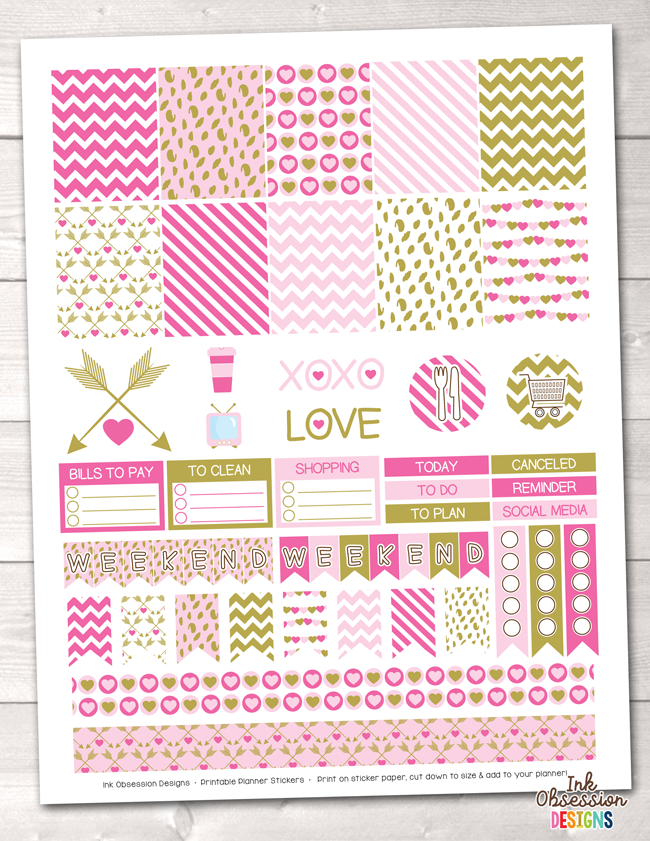 Valentines Day Pink and Gold Printable Planner Stickers Weekly Kit